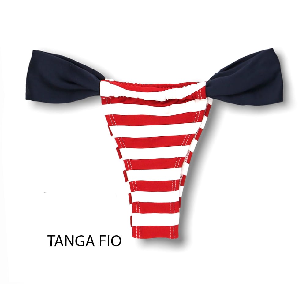 Tanga Gali Navy | Biquíni Listrado | Fio Dental | Cortininha Regulável | Detalhe Azul Marinho