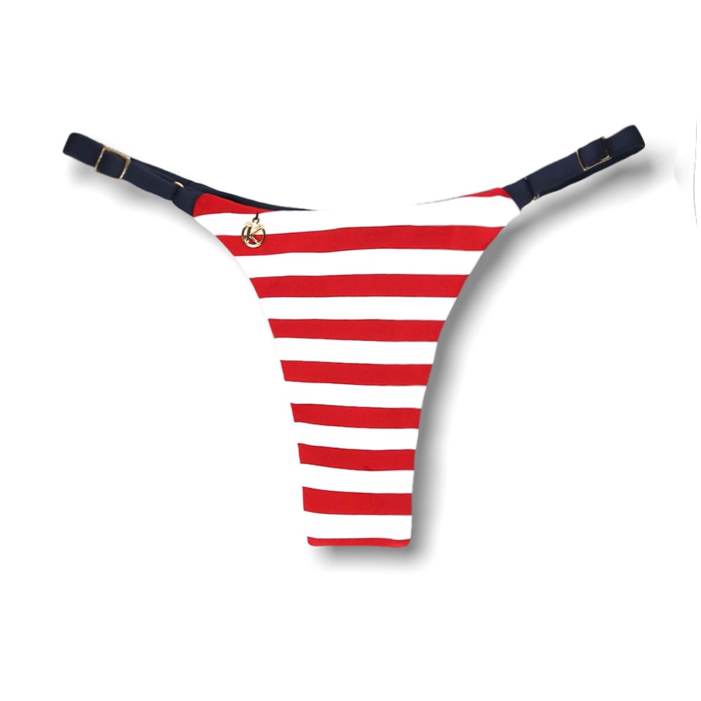 Tanga Mia Navy Vermelho | Biquíni Estampado | Semi Fio | Tira Fina Regulável | Marquinha de Fita | Detalhe Azul Marinho