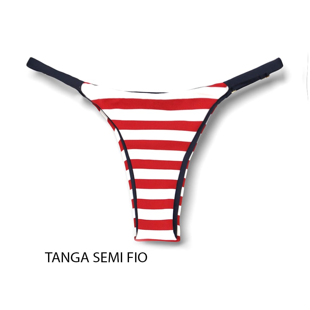 Tanga Mia Navy Vermelho | Biquíni Estampado | Semi Fio | Tira Fina Regulável | Marquinha de Fita | Detalhe Azul Marinho
