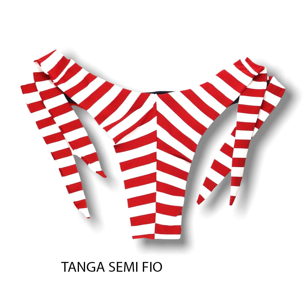 Tanga Mora Navy Vermelho | Biquíni Estampado |  Fio Duplo | Amarração Lateral Larga | Detalhe Interno Azul Marinho