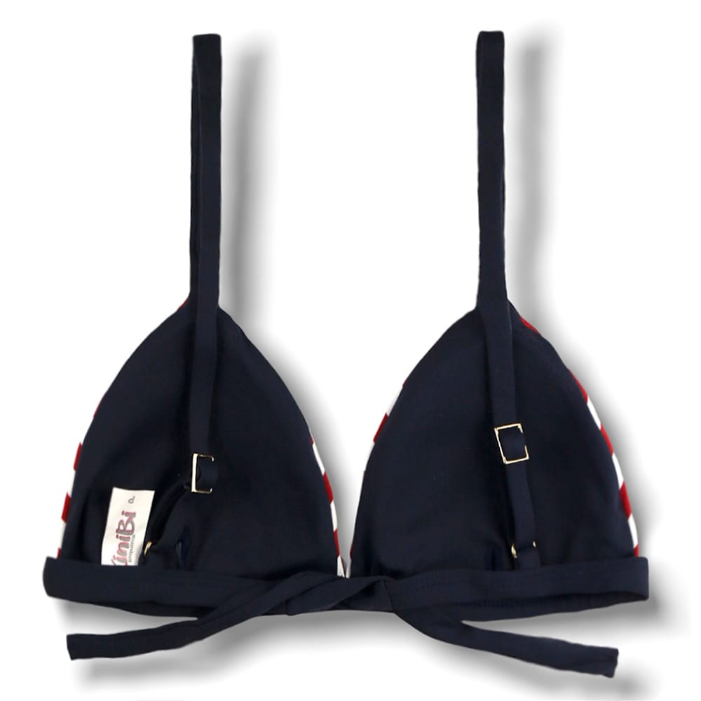 Top Jade Navy Vermelho | Cortina Triângulo Fixa | Estilo Sutiã com Amarração nas Costas | Alças ajustáveis | Biquíni Estampado | Detalhe em Azul Marinho