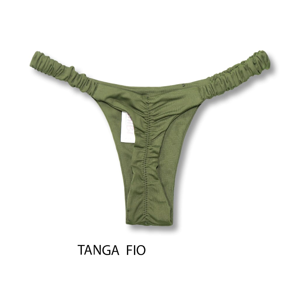 Conjunto de biquíni Frufru Olive | Top Mila + Tanga Flora | Top Micro Cortininha sem Bojo | Tanga Elástico Frufru Fio Dental.
