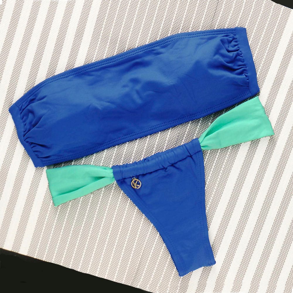 Conjunto de Biquini Bicolor Azul Cobalto e Verde Mint | Top Faixa + Tanga Gali