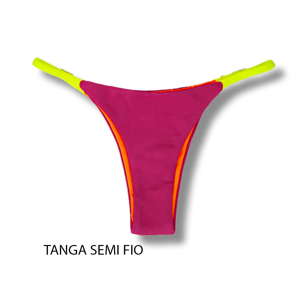 Conjunto de Biquíni Tricolor Pink Twist | Top Lua + Tanga Mia | Top Dupla Face com Bojo Embutido | Tanga Semi Fio com Regulador na Lateral | Pink, Laranja e Amarelo Neon