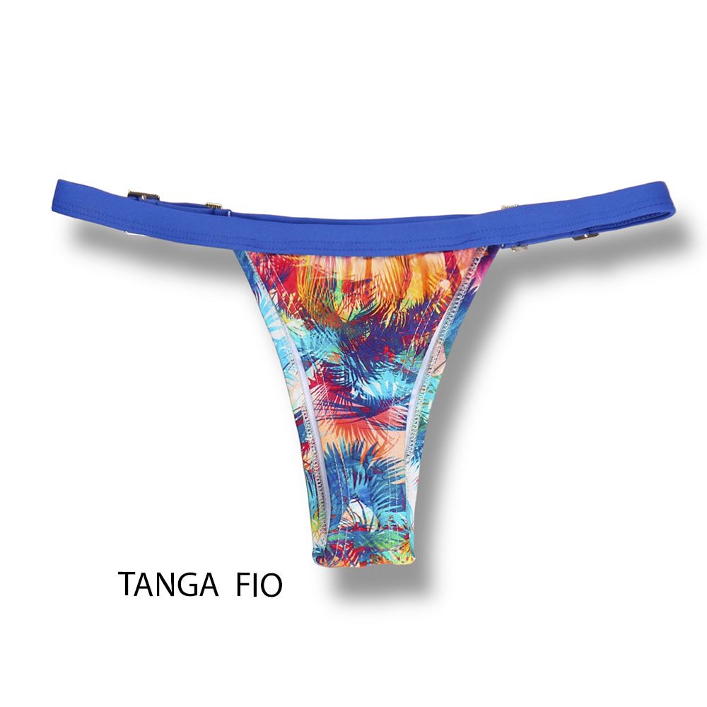 Tanga Fany Trop Blue| Edição Limitada | Biquíni Estampado Semi Fio Marquinha de Fita | Regulável | Detalhe na cor Azul Cobalto