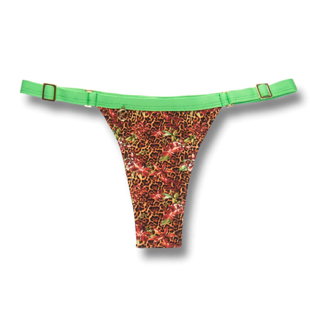Tanga Fany Animal Print Floral | Edição Limitada | Biquíni Estampado Semi Fio Marquinha de Fita | Regulável | Detalhe na cor Verde