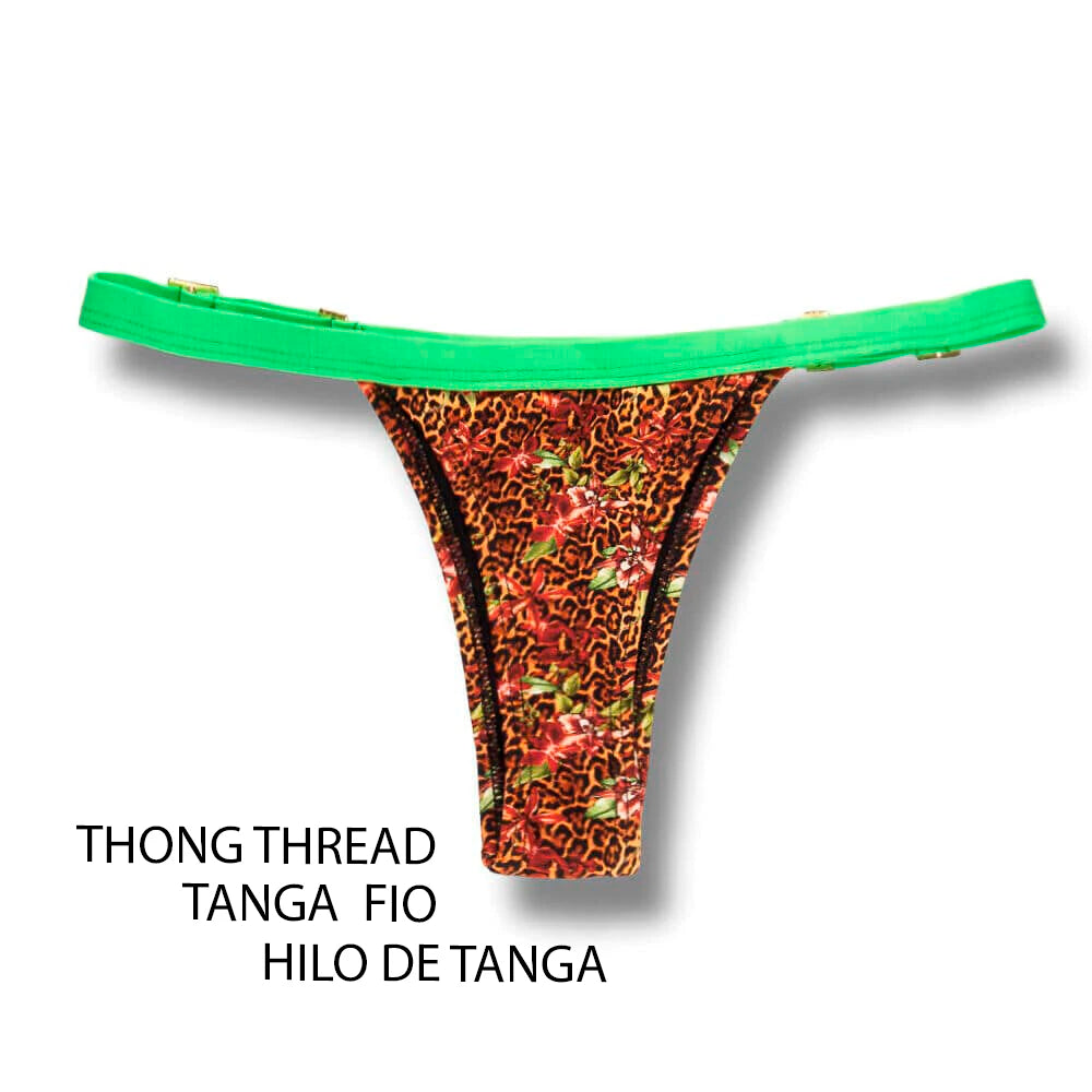 Tanga Fany Animal Print Floral | Edição Limitada | Biquíni Estampado Semi Fio Marquinha de Fita | Regulável | Detalhe na cor Verde