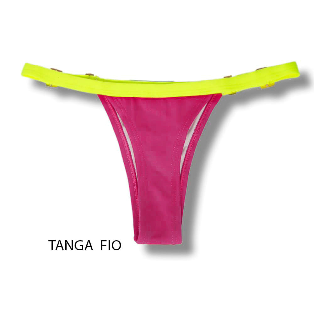 Conjunto de Biquíni Tricolor Pink Twist | Top Jade + Tanga Fany | Tanga marquinha perfeita com regulador na lateral | Top fixo com regulador na alça e abertura para bojo | Pink, Laranja e Amarelo Neon