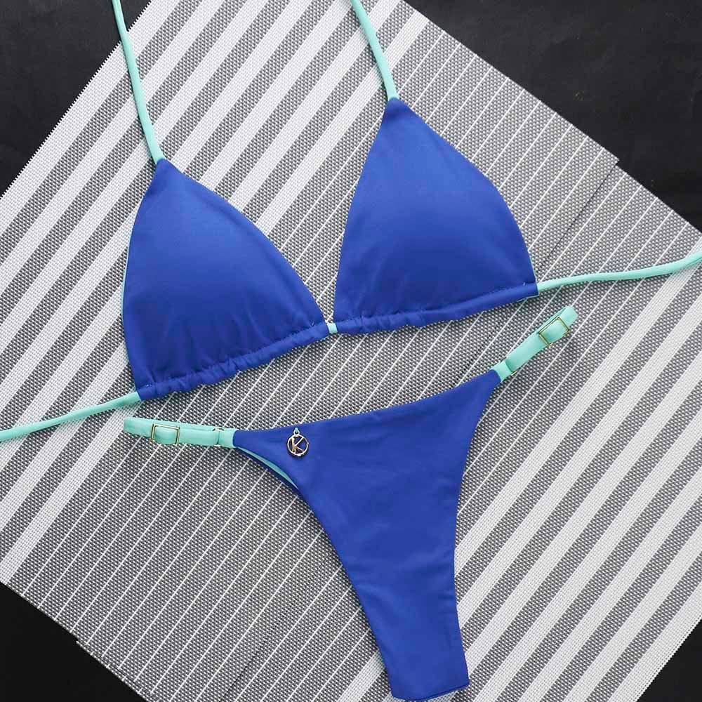 Conjunto de biquíni Bicolor Azul Cobalto e Verde Mint | Top Lua + Tanga Mia | Top dupla face com bojo embutido | Tanga semi fio com regulador na lateral