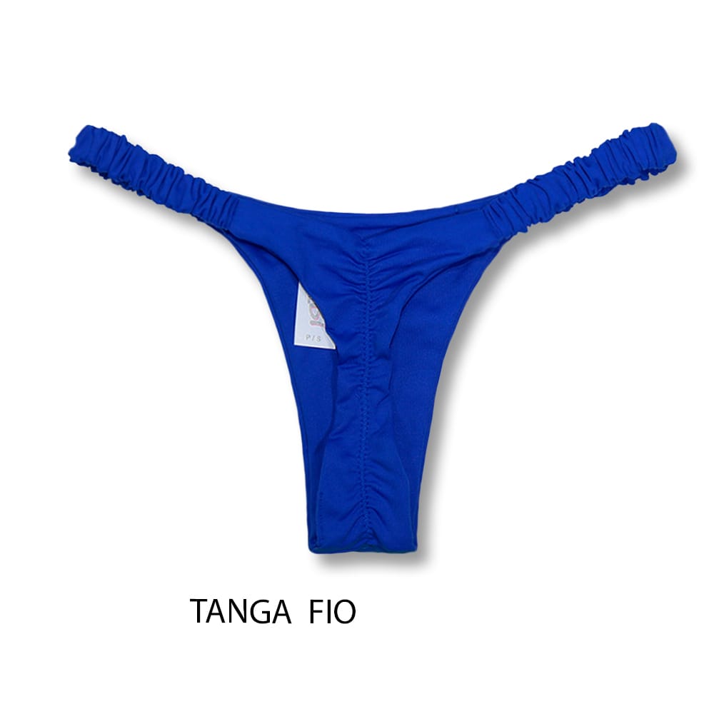 Conjunto de biquíni Frufru Azul Cobalto | Top Mila + Tanga Flora | Top Micro Cortininha sem Bojo | Tanga Elástico Frufru Fio Dental