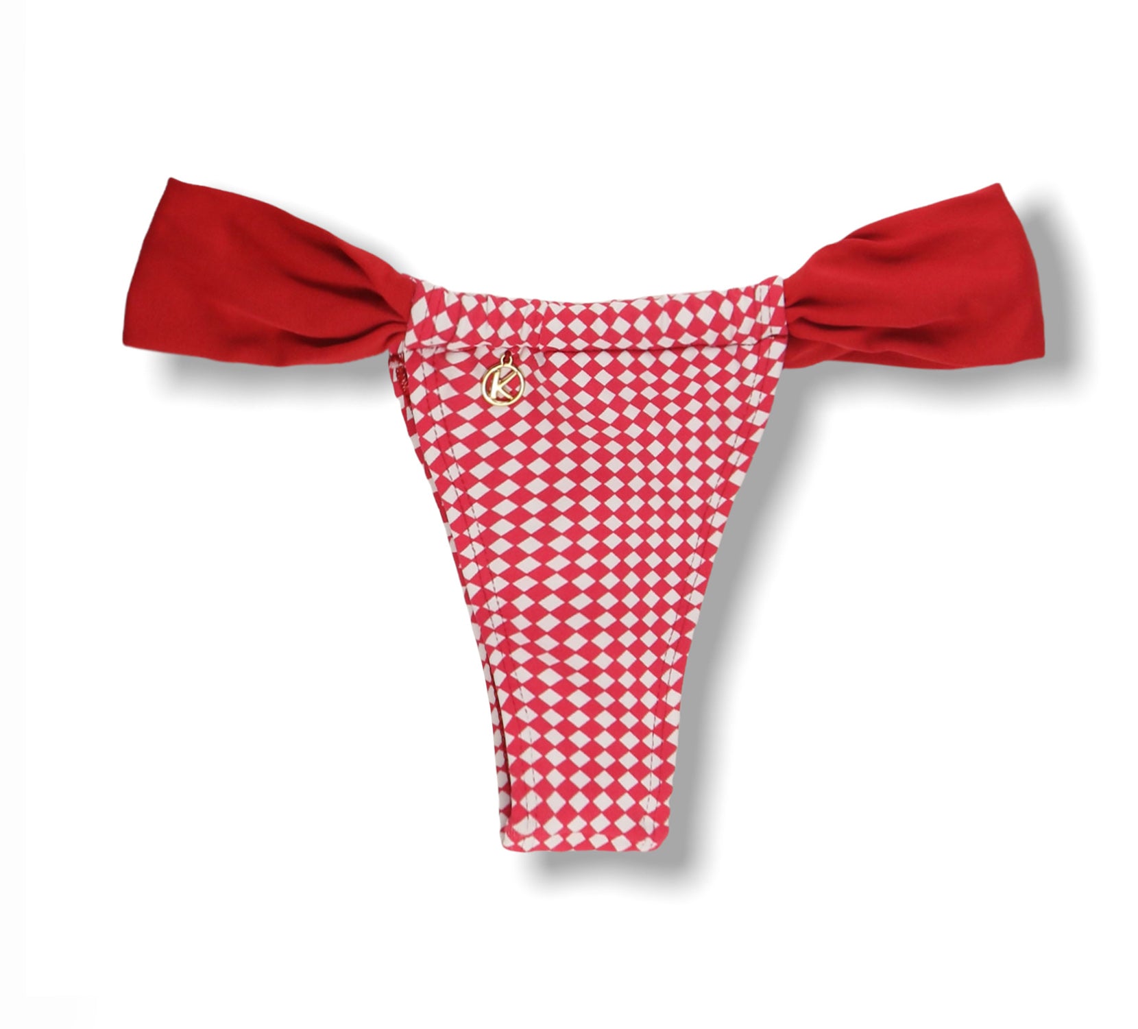 Tanga Gali Vichy | Biquíni Xadrez Vermelho e Branco | Fio Dental | Cortininha Regulável | Detalhe Vermelho Carmim