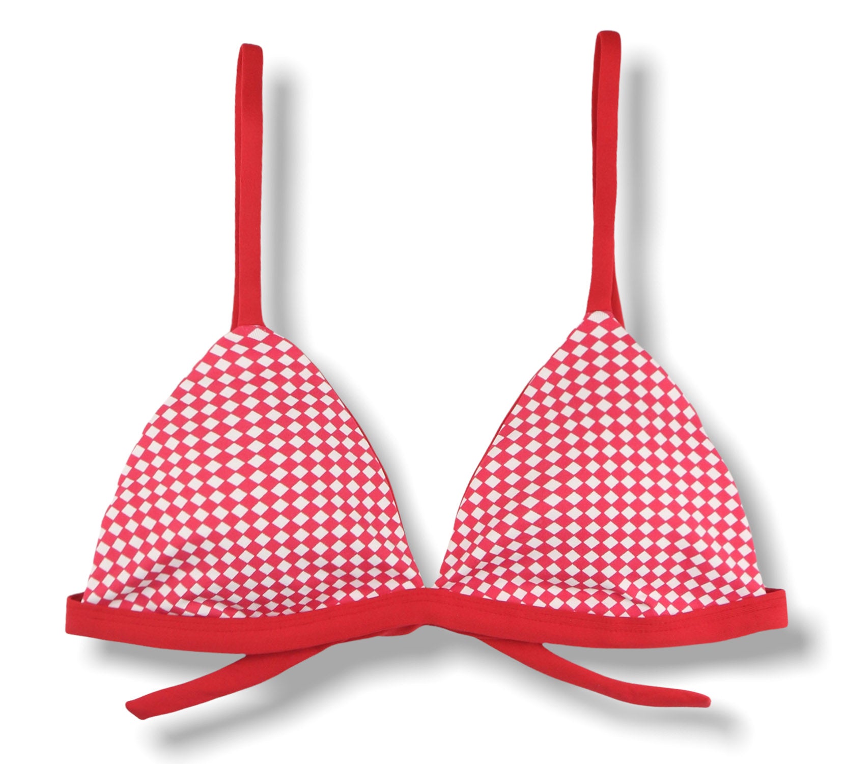 Top Jade Vichy Vermelho | Cortininha Triângulo Fixo | Estilo Sutiã com Amarração nas Costas | Alças com Regulagem | Biquíni Xadrez Vermelho e Branco | Detalhe Vermelho Carmim