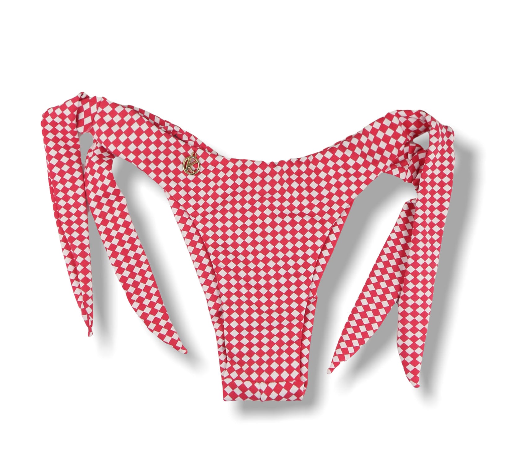 Tanga Mora Vichy | Biquíni Xadrez Vermelho e Branco Fio Duplo | Empina Bumbum | Amarração Lateral Larga | Detalhe Interno Vermelho Carmim