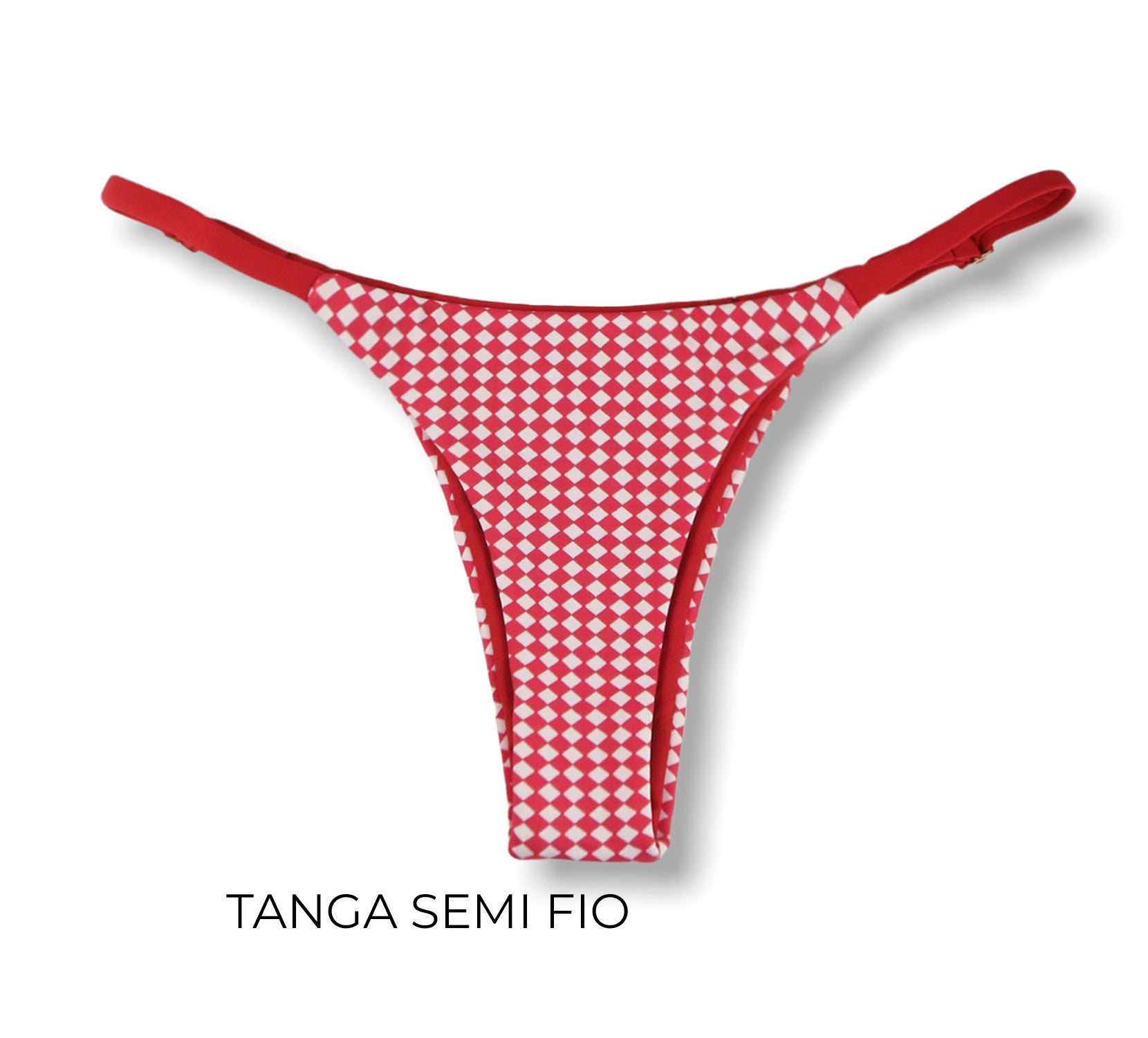 Tanga Mia Vichy | Biquíni Xadrez Vermelho e Branco | Semi Fio | Tira Fina Regulável | Marquinha de Fita | Detalhe Vermelho Carmim