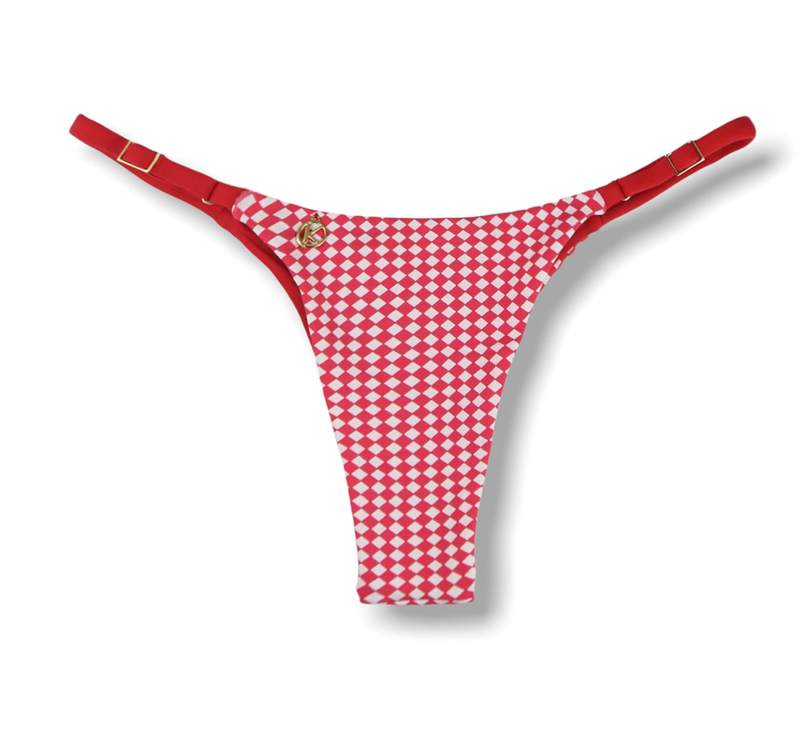Tanga Mia Vichy | Biquíni Xadrez Vermelho e Branco | Semi Fio | Tira Fina Regulável | Marquinha de Fita | Detalhe Vermelho Carmim