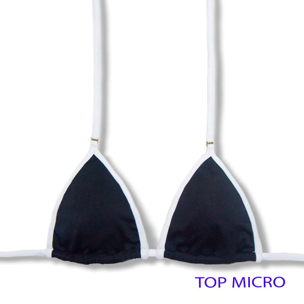 Top Mila Bicolor White and Black | Micro Cortininha com Viés | Sem Bojo| Amarração nas Costas e Pescoço | Biquíni Liso Preto| Detalhes Branco