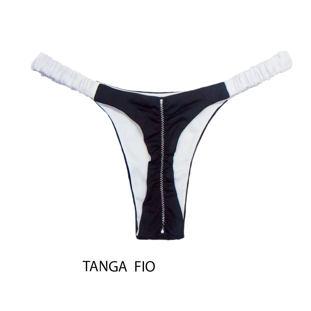 Tanga Flora Bicolor White and Black | Biquíni Cor Lisa | Fio Dental. | Elástico Frufru | Marquinha de Fita | Detalhe Branco