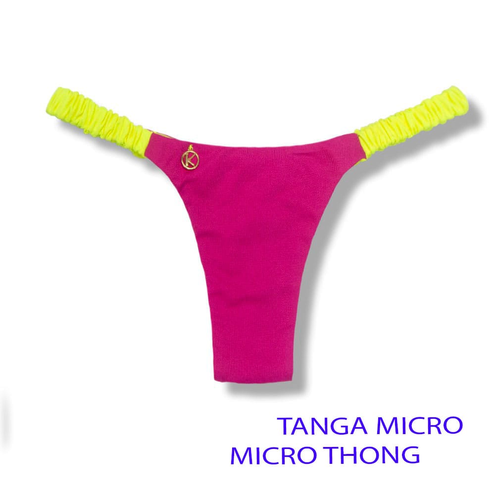 Tanga Flora Pink twist | Fio Dental. | Elástico Frufru | Marquinha de Fita | Detalhe Amarelo Neon