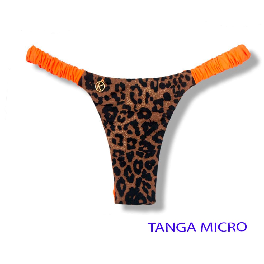 Tanga Flora Animal Print | Biquíni Estampado Oncinha | Fio Dental. | Elástico Frufru | Marquinha de Fita | Detalhe Laranja