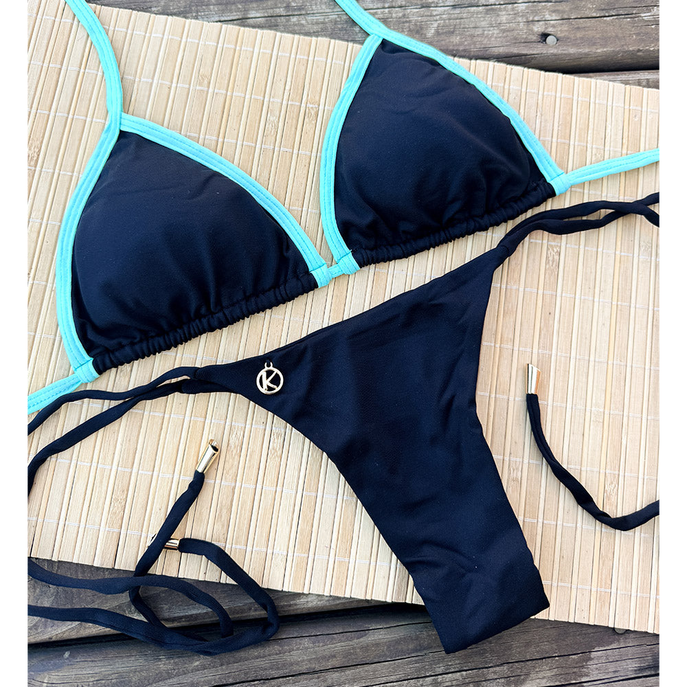 Conjunto Mix Preto e Verde | Top Mara + Tanga Cora | Top Cortininha como Abertura para Bojo | Tanga Dupla Face com Laço Fio Dental. (Cópia)