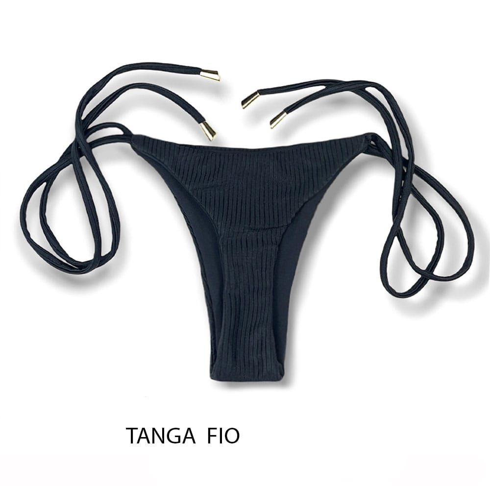 Tanga Cora Onix | Biquíni Fio Dental com Laço Lateral | Dupla Face Liso | Reversível | Tecido Texturizado Semibrilho