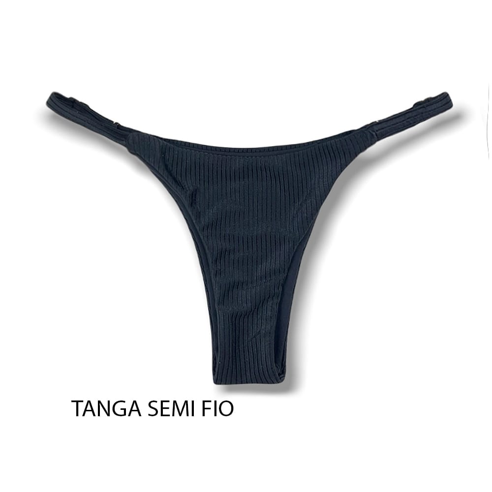 Tanga Mia Onix | Biquíni Cor Lisa Semi Fio | Tira Fina Regulável | Marquinha de Fita | Tecido Texturizado Semibrilho