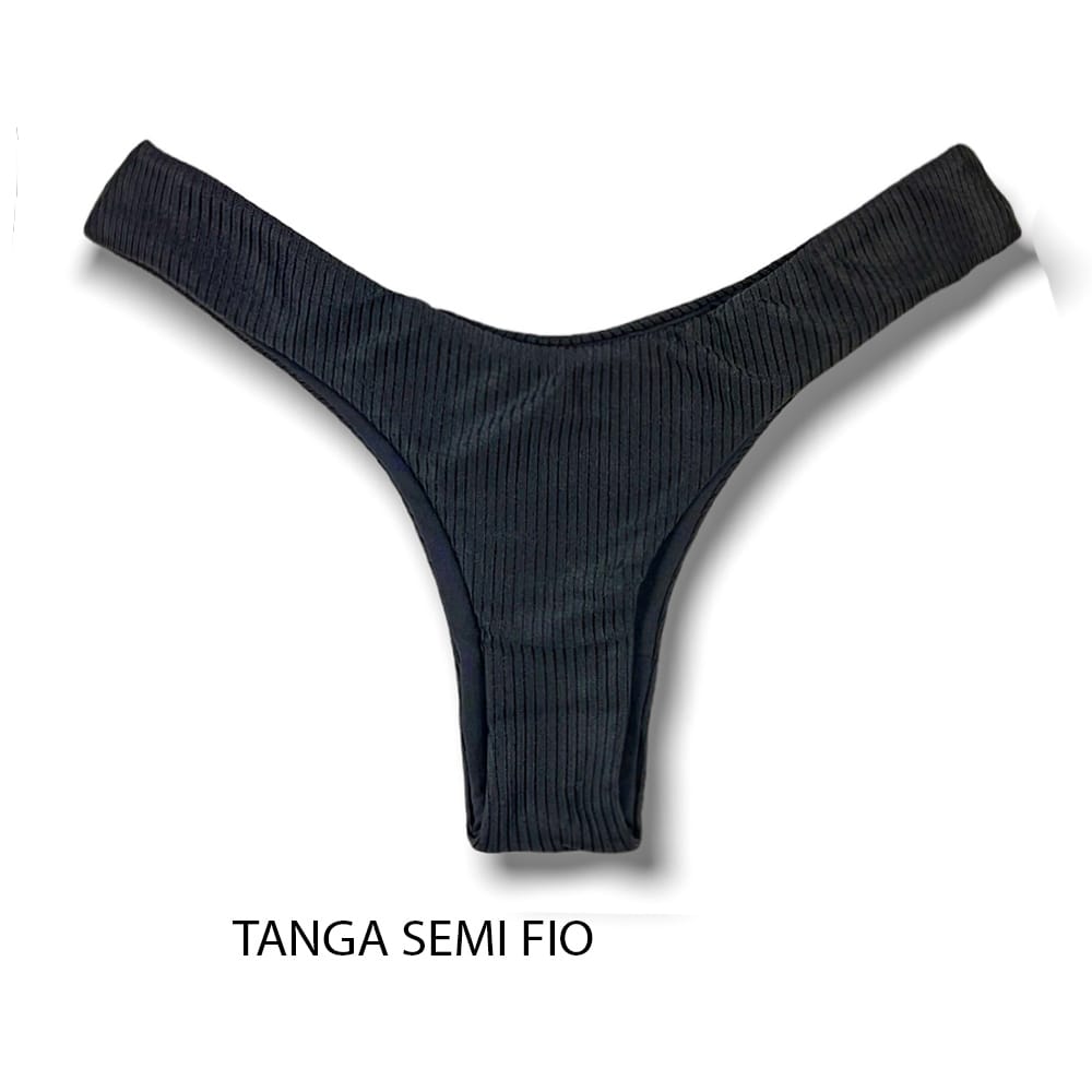 Tanga Eva Onix | Biquíni Semi Fio Asa Delta | Aviador | Dupla Face Preto Liso | Reversível | Tecido Texturizado Semibrilho