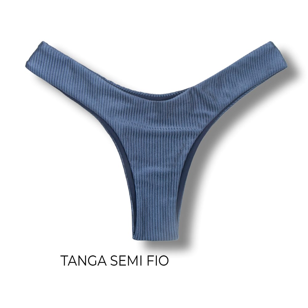 Tanga Eva Acquamarine | Biquíni Semi Fio Asa Delta | Aviador | Dupla Face Azul Marinho | Reversível | Tecido Texturizado Semibrilho