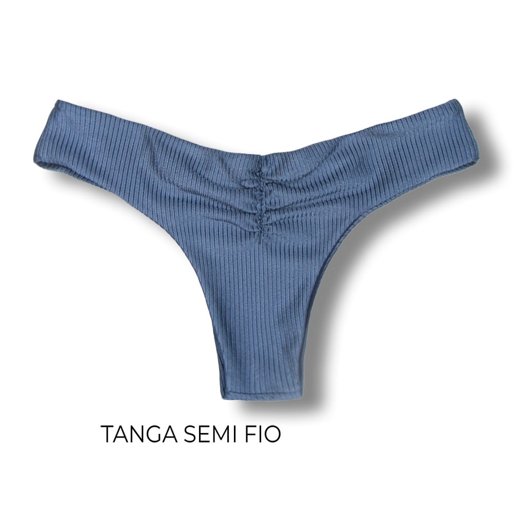 Tanga Isa Acquamarine | Biquíni Liso Semi Fio Ripple | Levanta Bumbum | Dupla Face Azul Marinho | Reversível | Tecido Texturizado Semibrilho