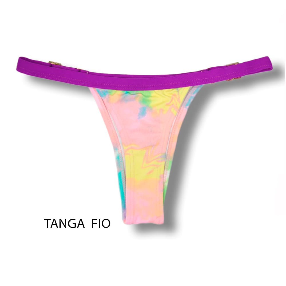 Tanga Fany Tie Dye com Uva | Biquíni Estampado Semi Fio Marquinha de Fita | Regulável