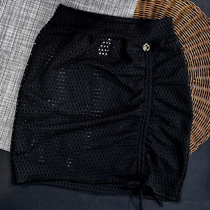 Saia Colissê Preta com Drapeado - Gringa - Saída de Praia Tela Arrastão