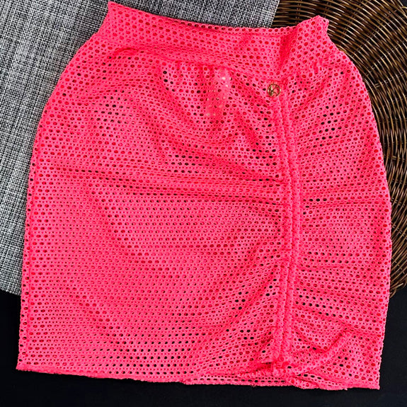 Saia Colissê Rosa Neon com Drapeado - Gringa - Saída de Praia Tela Arrastão