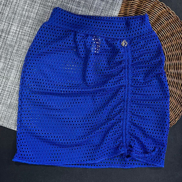 Saia Colissê Azul com Drapeado - Gringa - Saída de Praia Tela Arrastão
