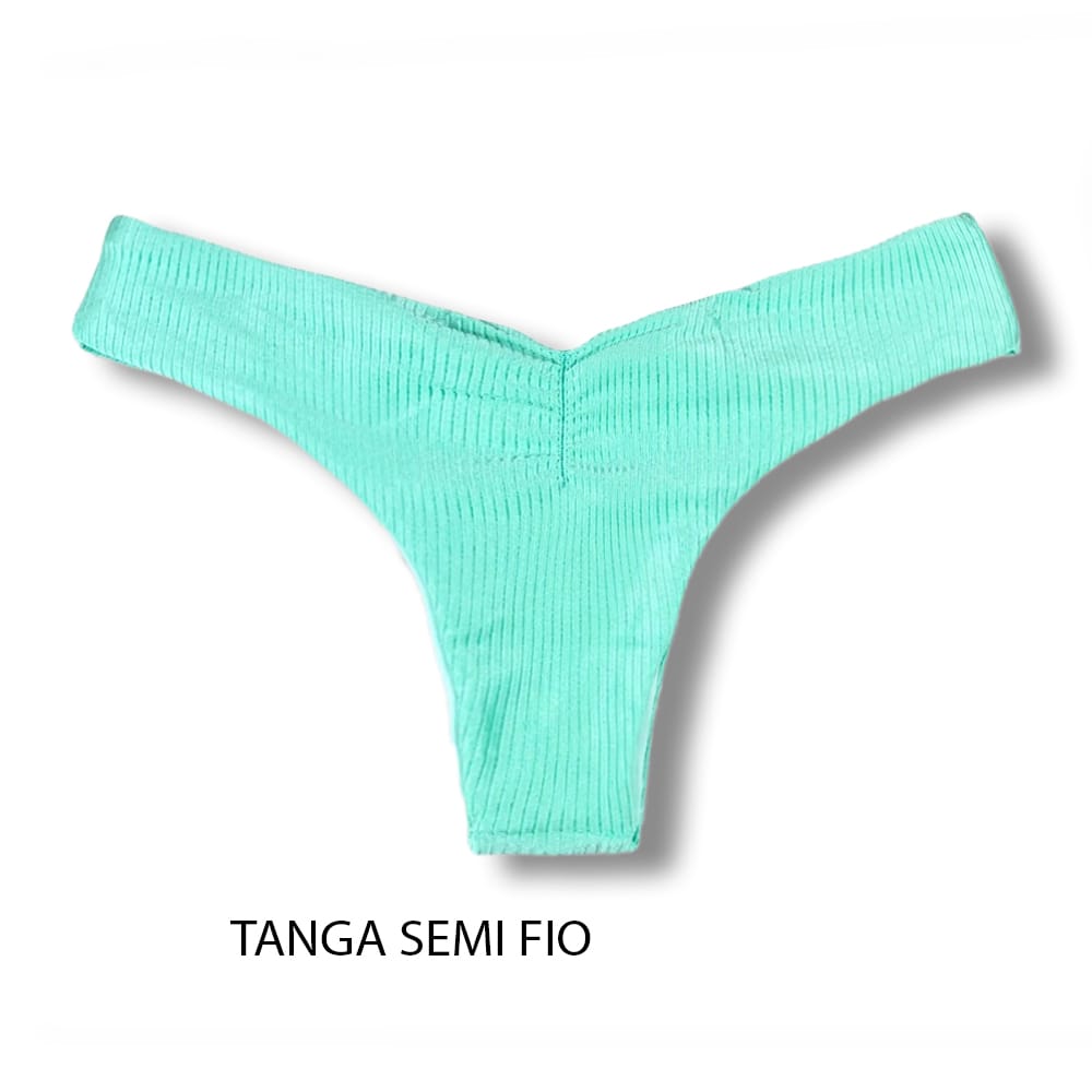 Tanga Isa Turmalina | Biquíni Liso Semi Fio Ripple | Levanta Bumbum | Dupla Face Verde Mint | Reversível | Tecido Texturizado Semibrilho