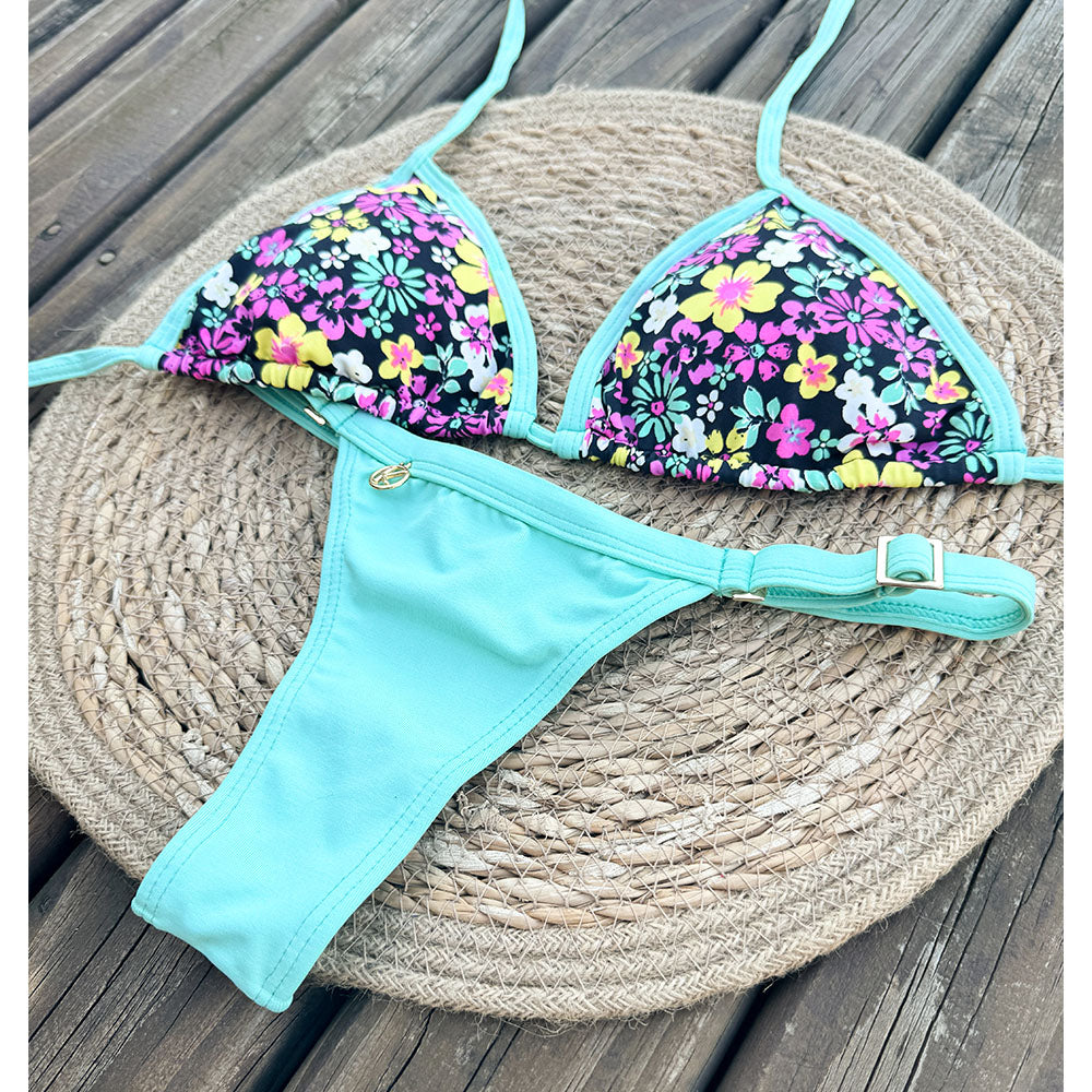 Conjunto Mix Top Mara Bothanic Tanga Fany Verde | Top Cortininha Floral | Tanga Fita de Marquinha