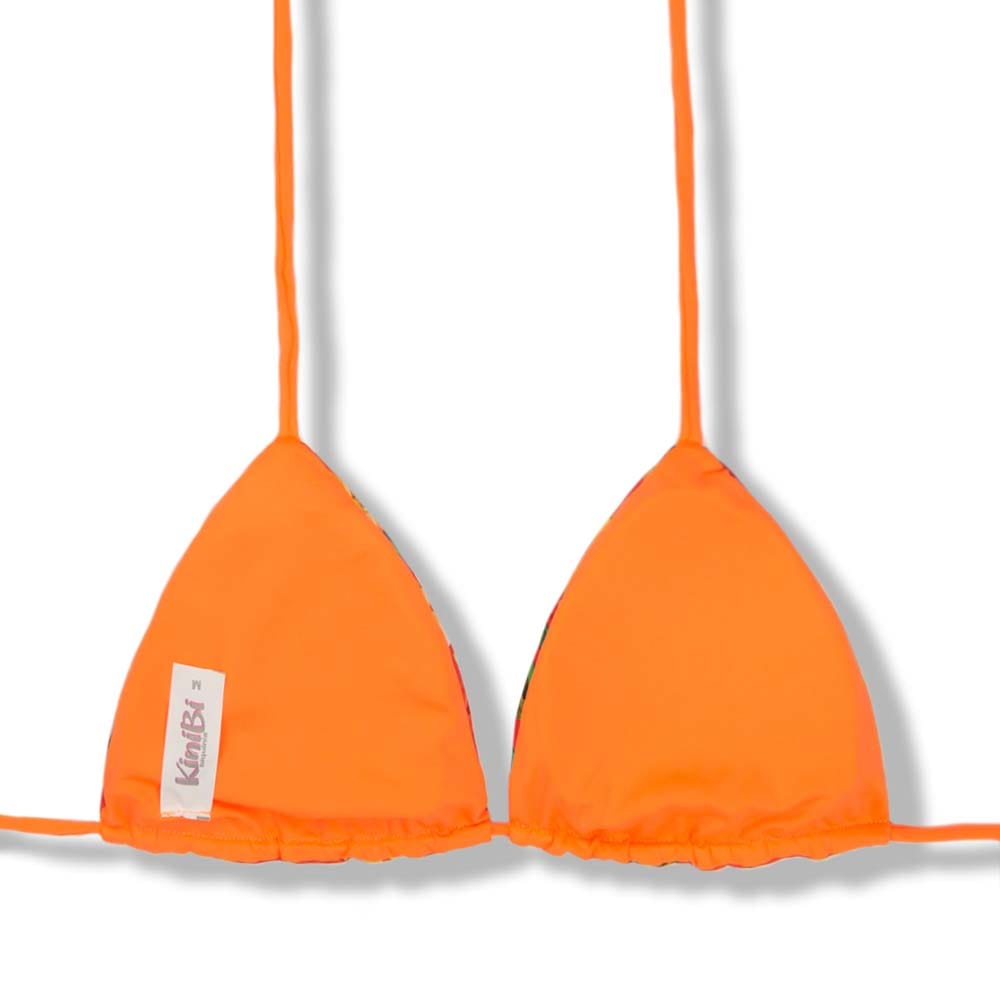 Conjunto de Biquíni Floral Coral com a combinação Laranja | Top Lua + Tanga Cora | Top Dupla Face com Bojo Embutido | Tanga Dupla Face com Laço Fio Dental