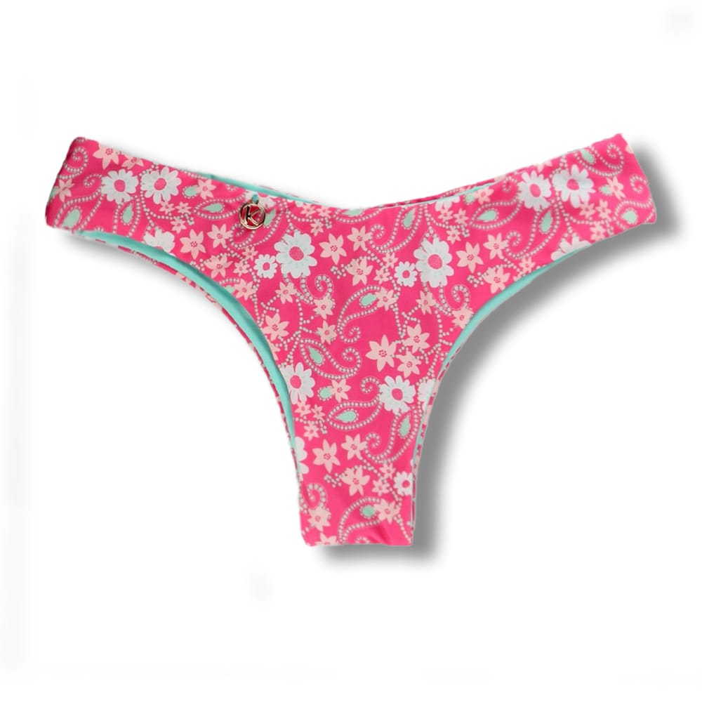 Tanga Isa Floral Rosa | Biquíni Estampado | Semi Fio Ripple | Levanta Bumbum | Dupla Face Verde Mint | Reversível