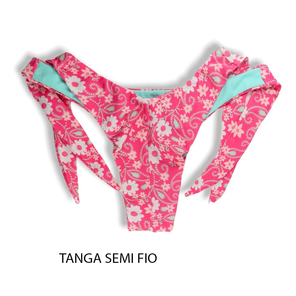 Tanga Mora Floral Rosa | Biquíni Estampado Fio Duplo | Empina Bumbum | Amarração Lateral Larga | Detalhe Interno Verde Mint