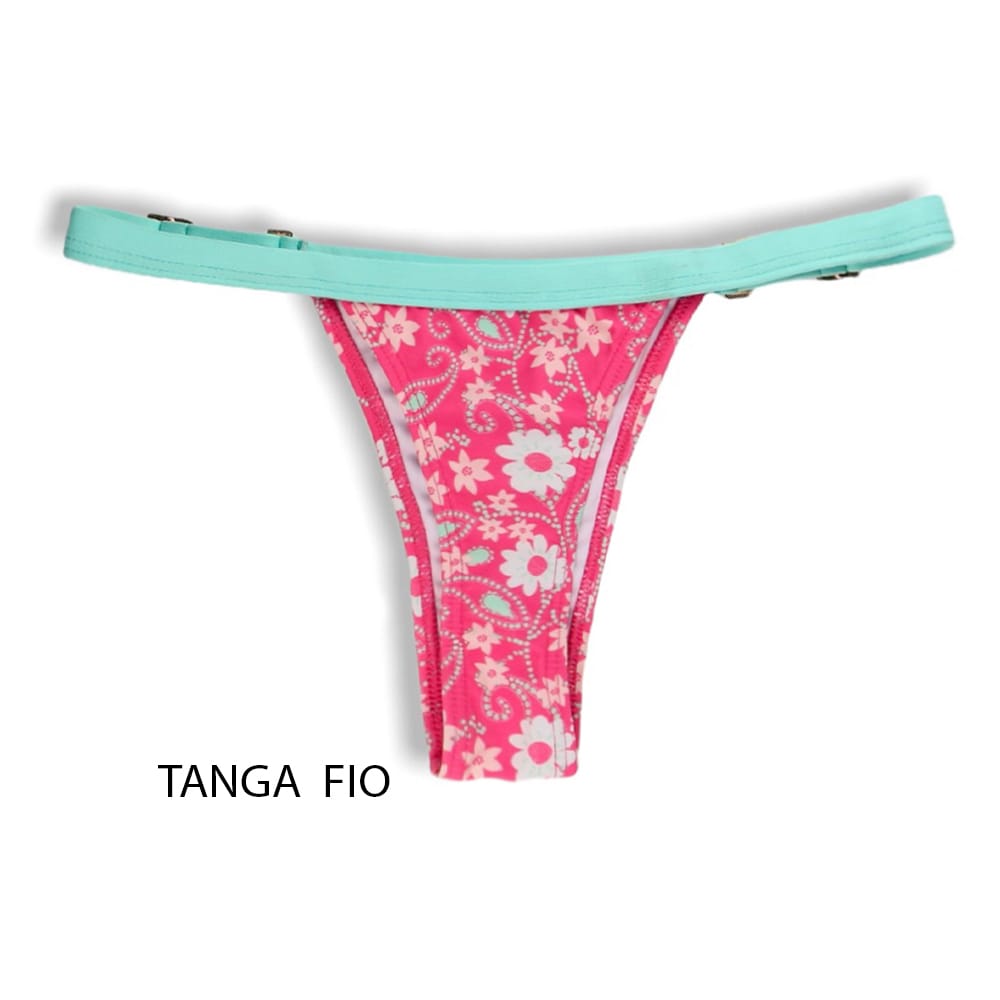 Tanga Fany Floral Rosa | Biquíni Estampado Semi Fio Marquinha de Fita | Regulável | Detalhe Verde Mint