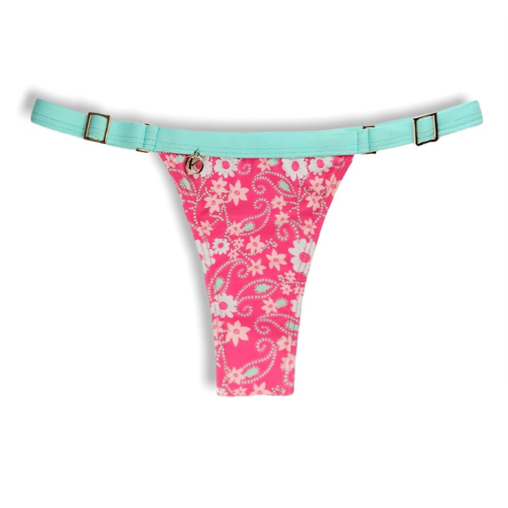 Tanga Fany Floral Rosa | Biquíni Estampado Semi Fio Marquinha de Fita | Regulável | Detalhe Verde Mint
