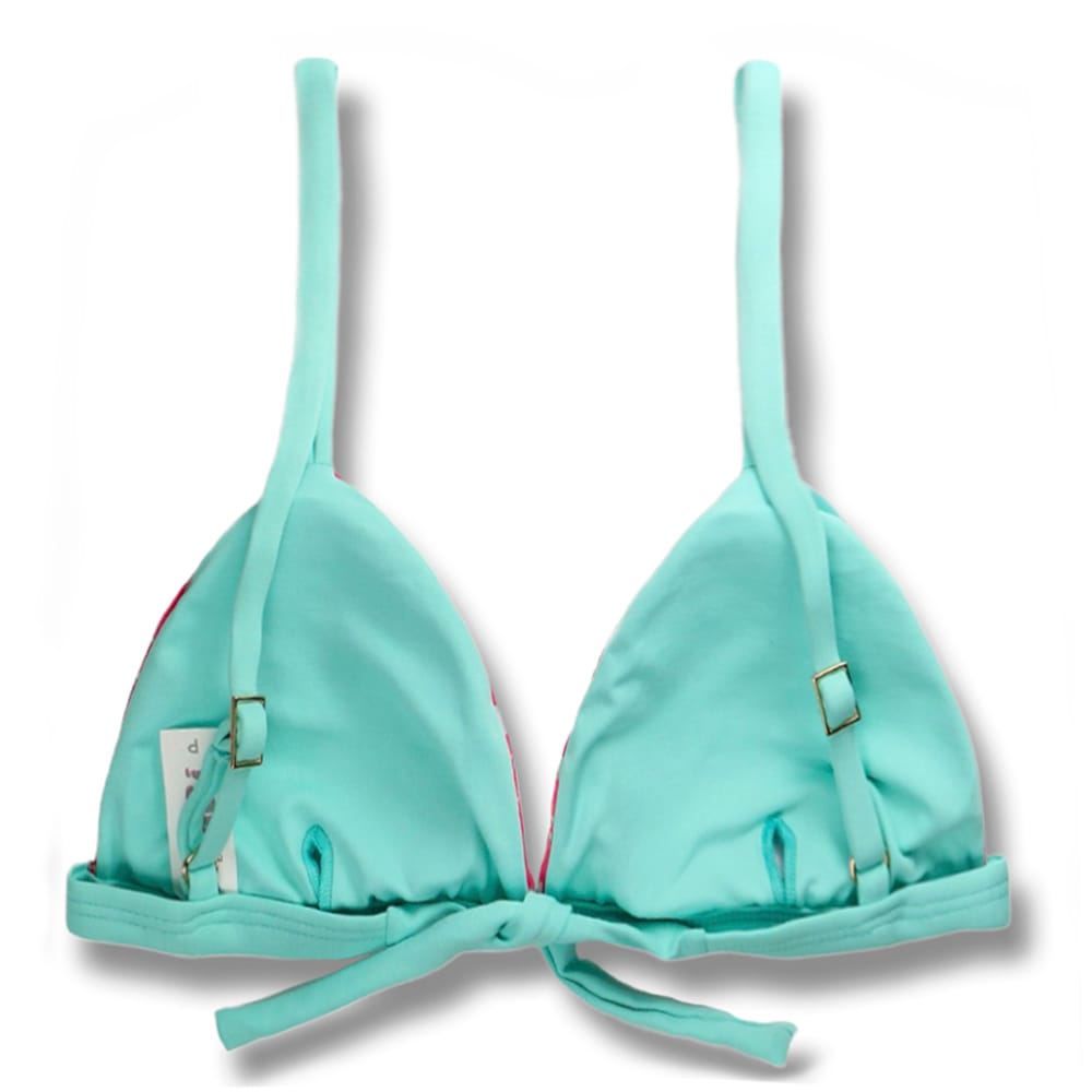 Top Jade Floral Rosa | Cortininha Triângulo Fixo | Estilo Sutiã com Amarração nas Costas | Alças com Regulagem | Biquíni Estampado | Detalhes Verde Mint