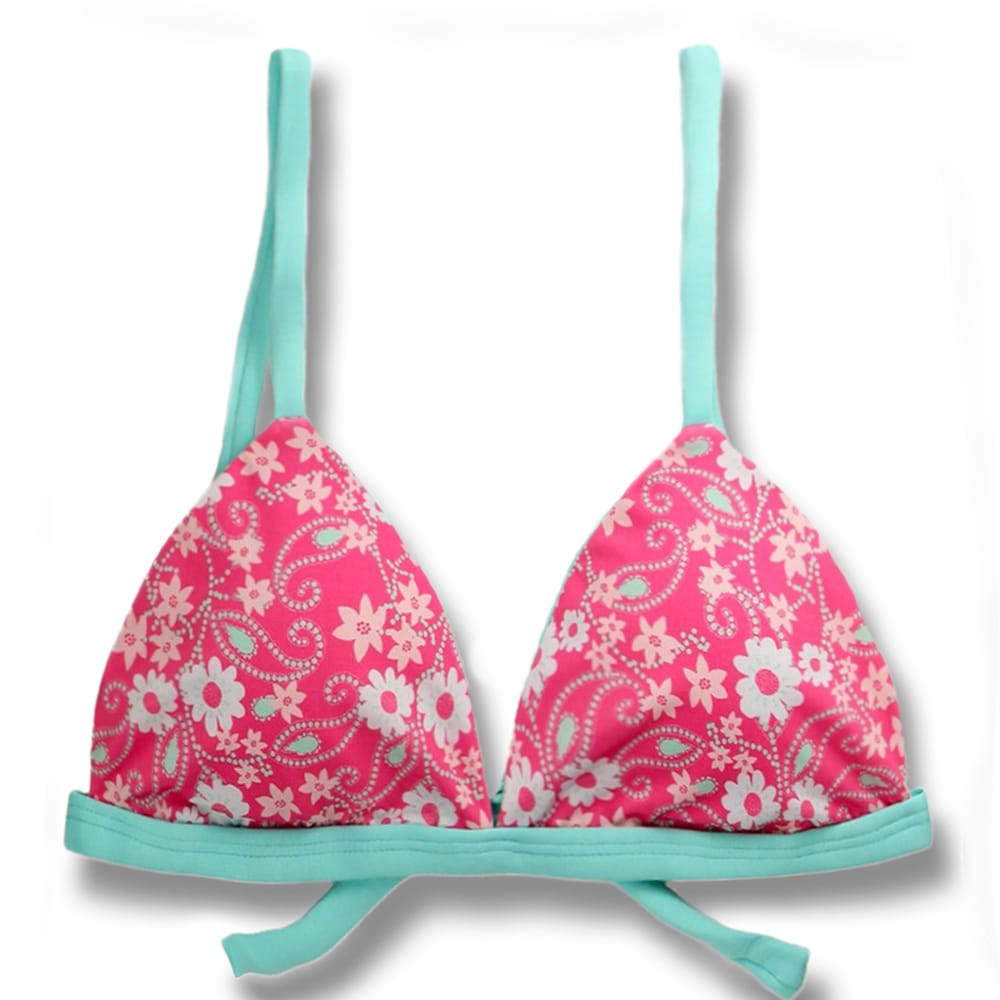 Top Jade Floral Rosa | Cortininha Triângulo Fixo | Estilo Sutiã com Amarração nas Costas | Alças com Regulagem | Biquíni Estampado | Detalhes Verde Mint