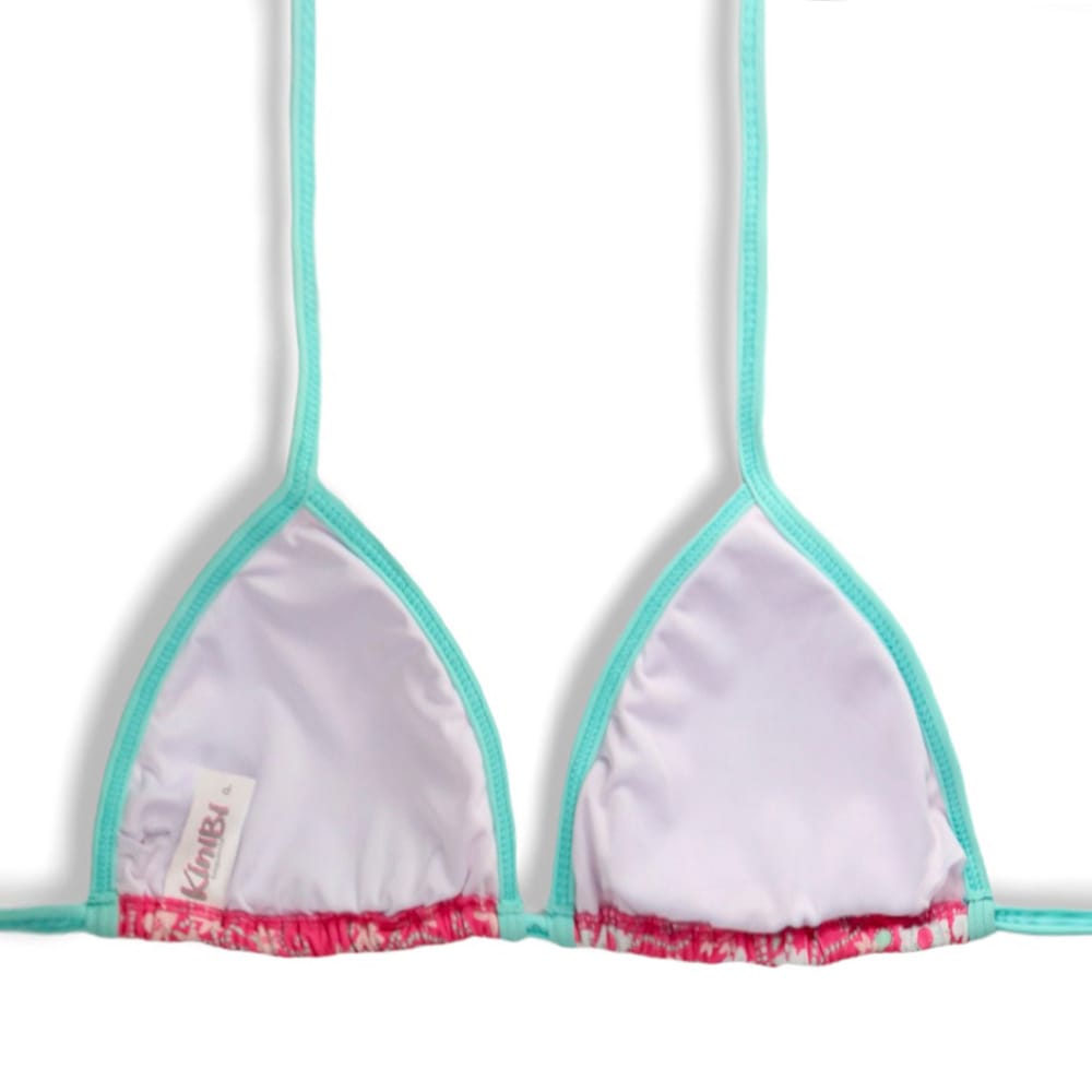 Top Mara Floral Rosa | Cortininha com Viés | Amarração nas Costas e Pescoço | Biquíni Estampado | Detalhes Verde Mint