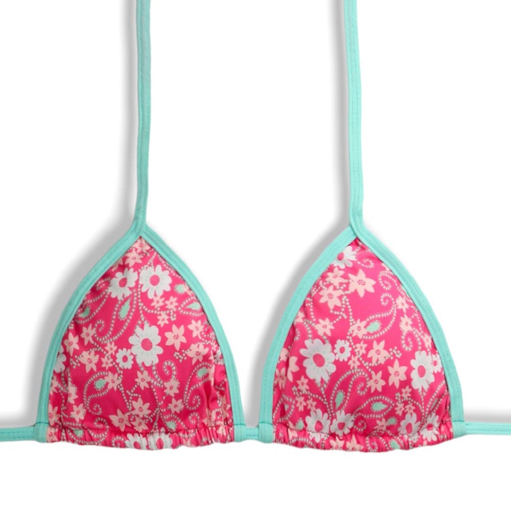 Top Mara Floral Rosa | Cortininha com Viés | Amarração nas Costas e Pescoço | Biquíni Estampado | Detalhes Verde Mint