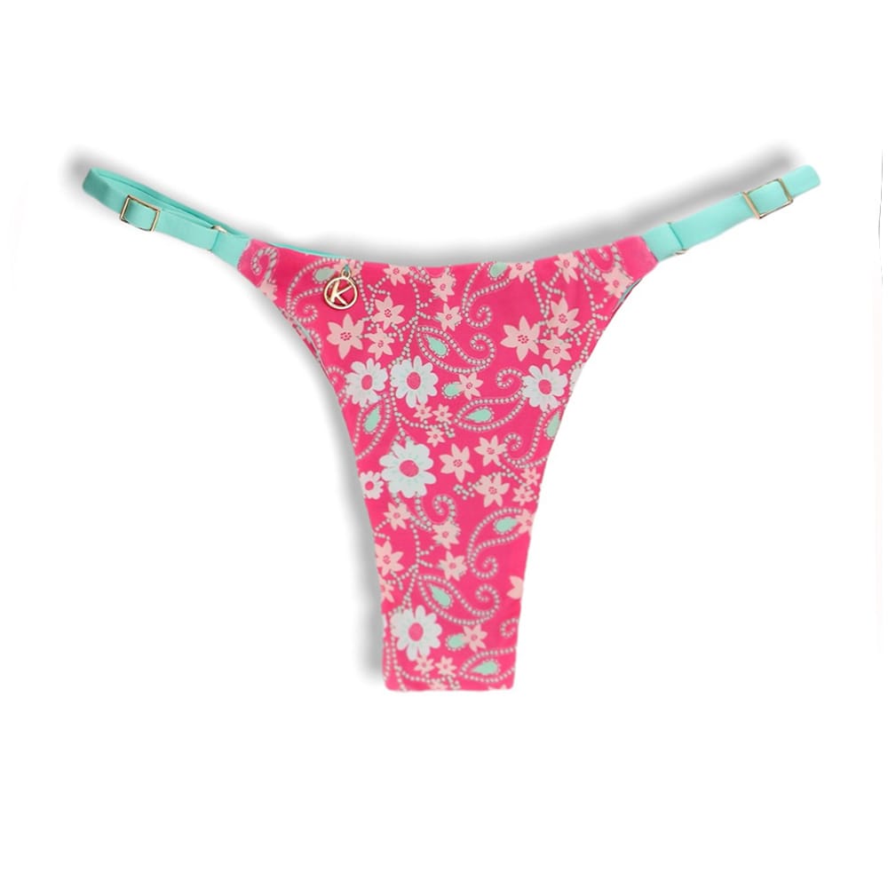 Tanga Mia Floral Rosa | Biquíni Estampado | Semi Fio | Tira Fina Regulável | Marquinha de Fita | Detalhe Verde Mint