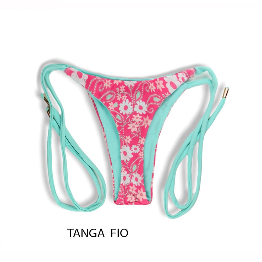 Tanga Cora Floral Rosa | Biquíni Estampado Fio Dental com Laço para Amarrar | Dupla Face Verde Mint | Reversível