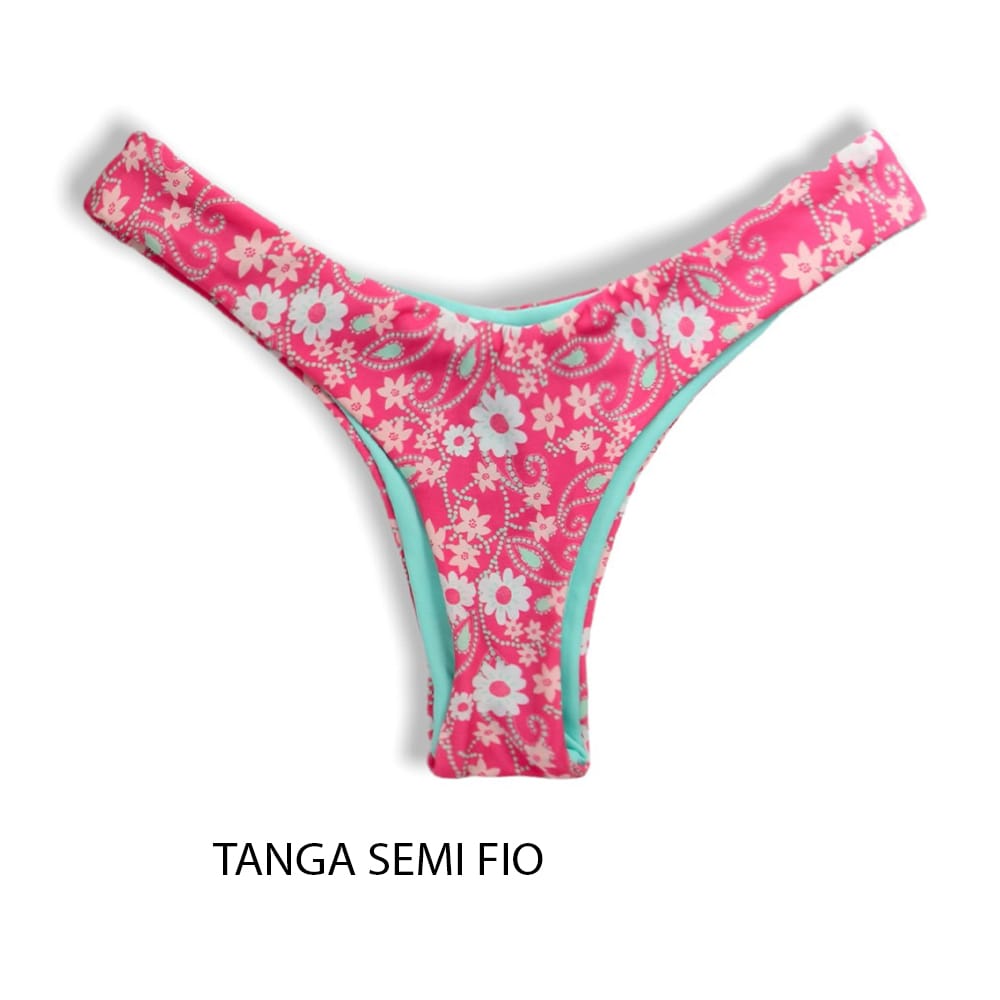 Tanga Eva Floral Rosa | Biquíni Estampado Semi Fio Asa Delta | Aviador | Dupla Face Verde Mint | Reversível