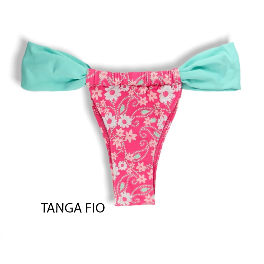 Tanga Gali Floral Rosa | Biquíni Estampado | Fio Dental | Cortininha Regulável | Detalhe Verde Mint