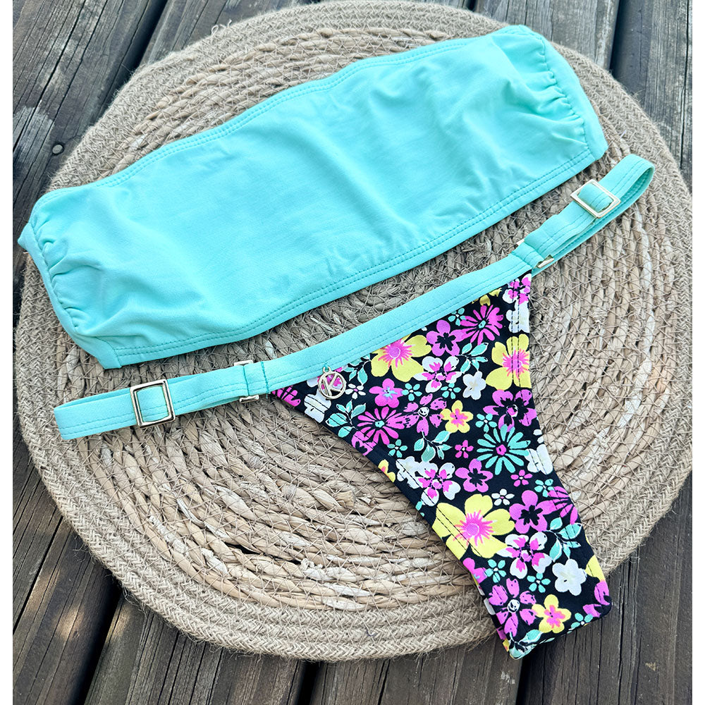 Conjunto Mix Verde Mint com Bothanic | Top Faixa + Tanga Fany |Tanga Marquinha de Fita | Top Tomara que Caia