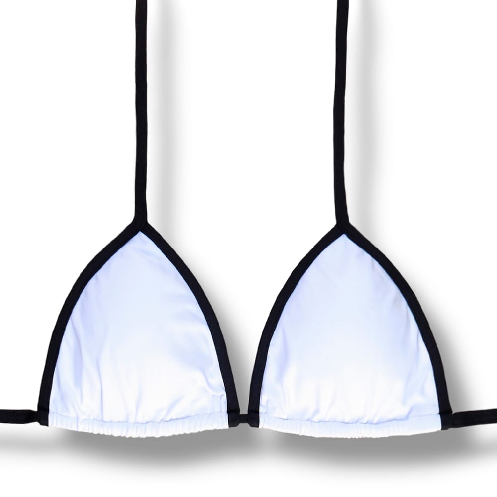 Top Mara Bicolor Black and White | Cortininha com Viés | Amarração nas Costas e Pescoço | Biquíni Liso Branco| Detalhes Preto